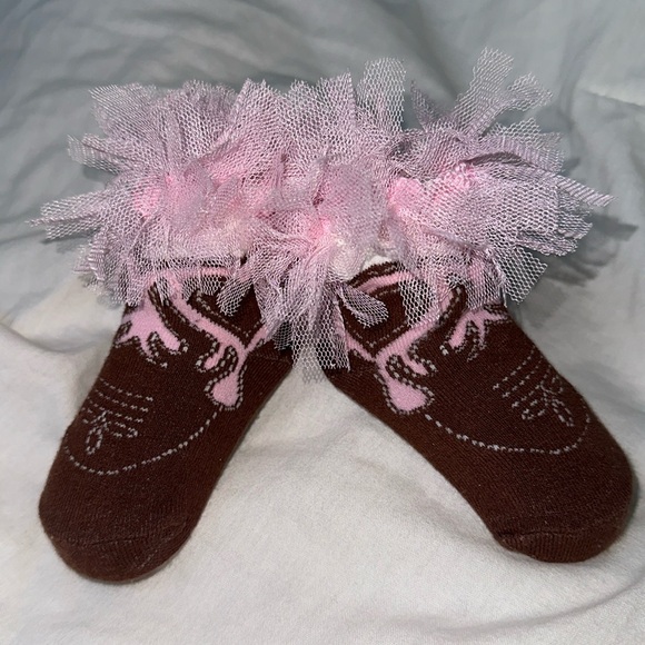 Mudpie Cowgirl Booties - Brown Boot Socks with Pink Tulle 💕 New Without Tags - Picture 2 of 6